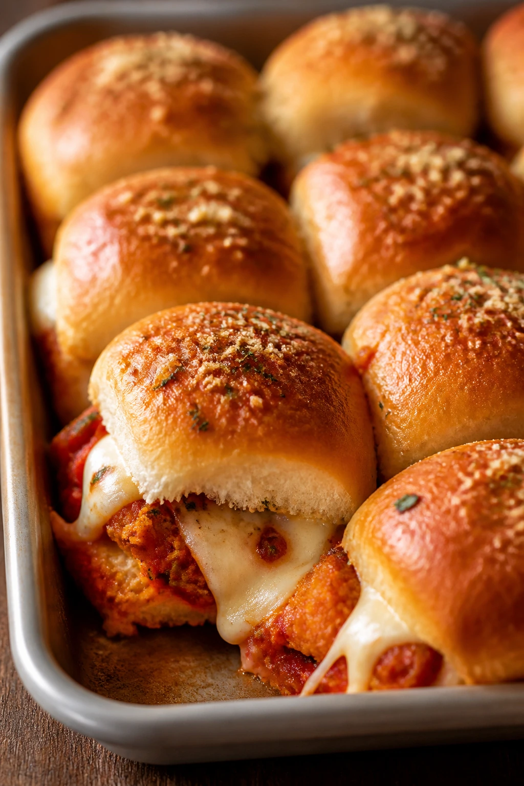 Close-up of chicken parmesan sliders with melted cheese