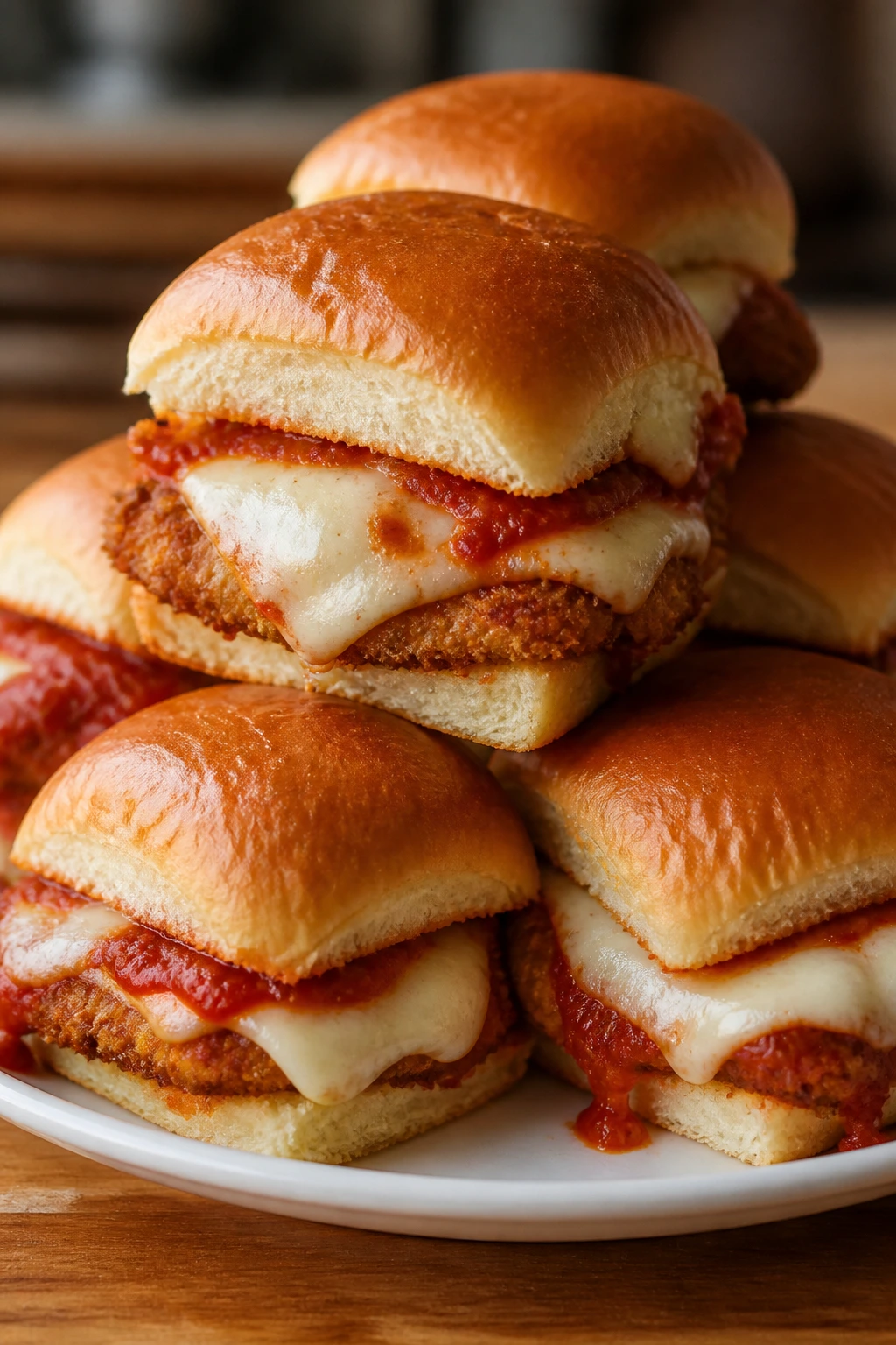 Close-up of chicken parmesan sliders with melted cheese.