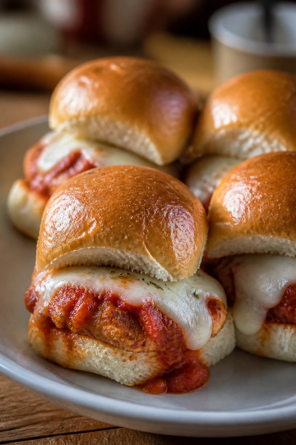 Close-up of Chicken Parmesan Sliders with saucy chicken and melted cheese on slider buns