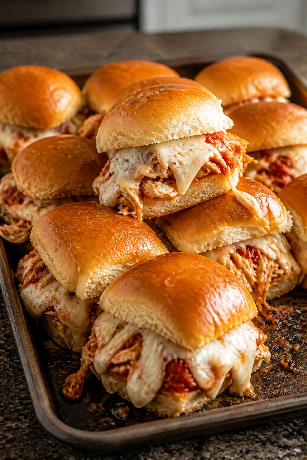 Close-up of chicken parmesan sliders with melted mozzarella