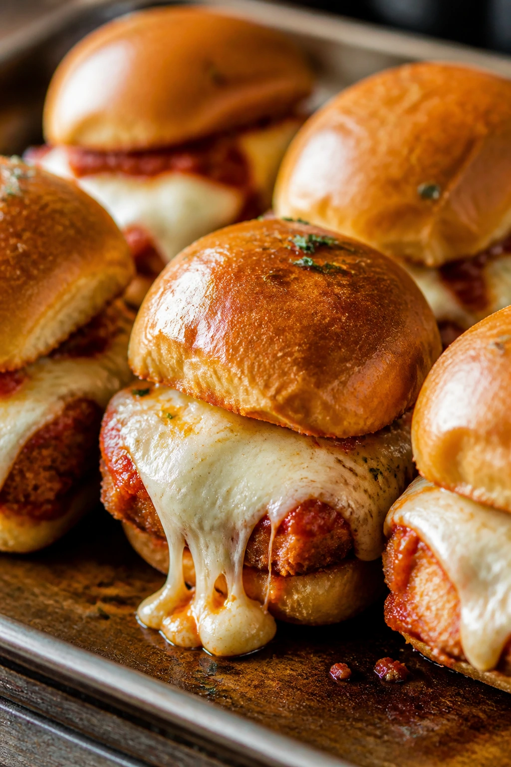 Close-up of chicken parmesan sliders with melted cheese