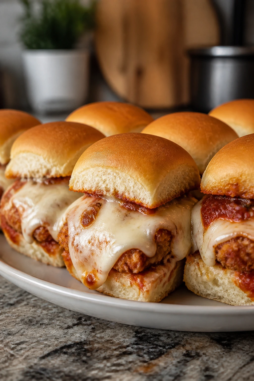 Sliders with chicken parmesan and melted cheese on a plate