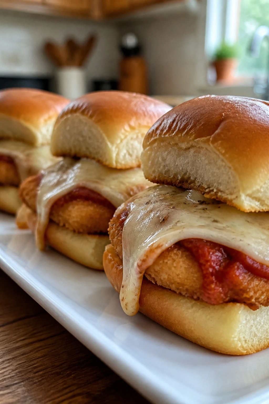 Close-up of chicken parmesan sliders with melted mozzarella