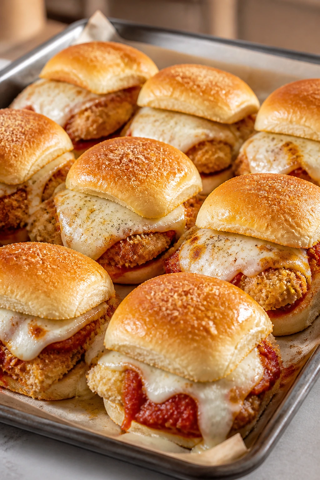 Tray of chicken parmesan sliders with melted cheese