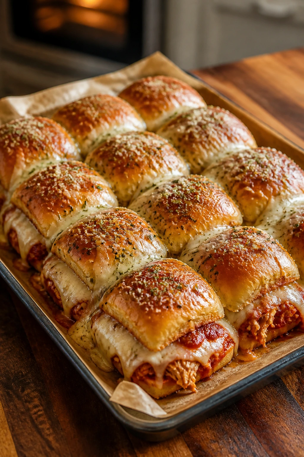 Close-up of saucy chicken parmesan sliders on parchment-lined tray