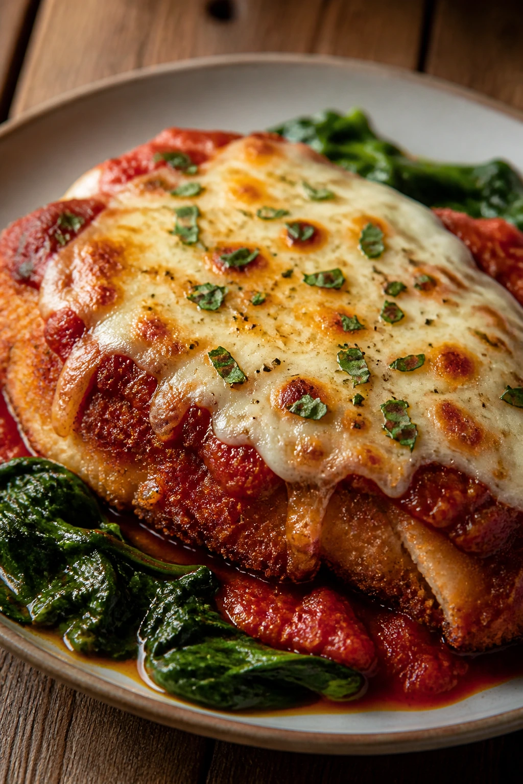 Close-up of baked chicken parmesan with wilted spinach on plate