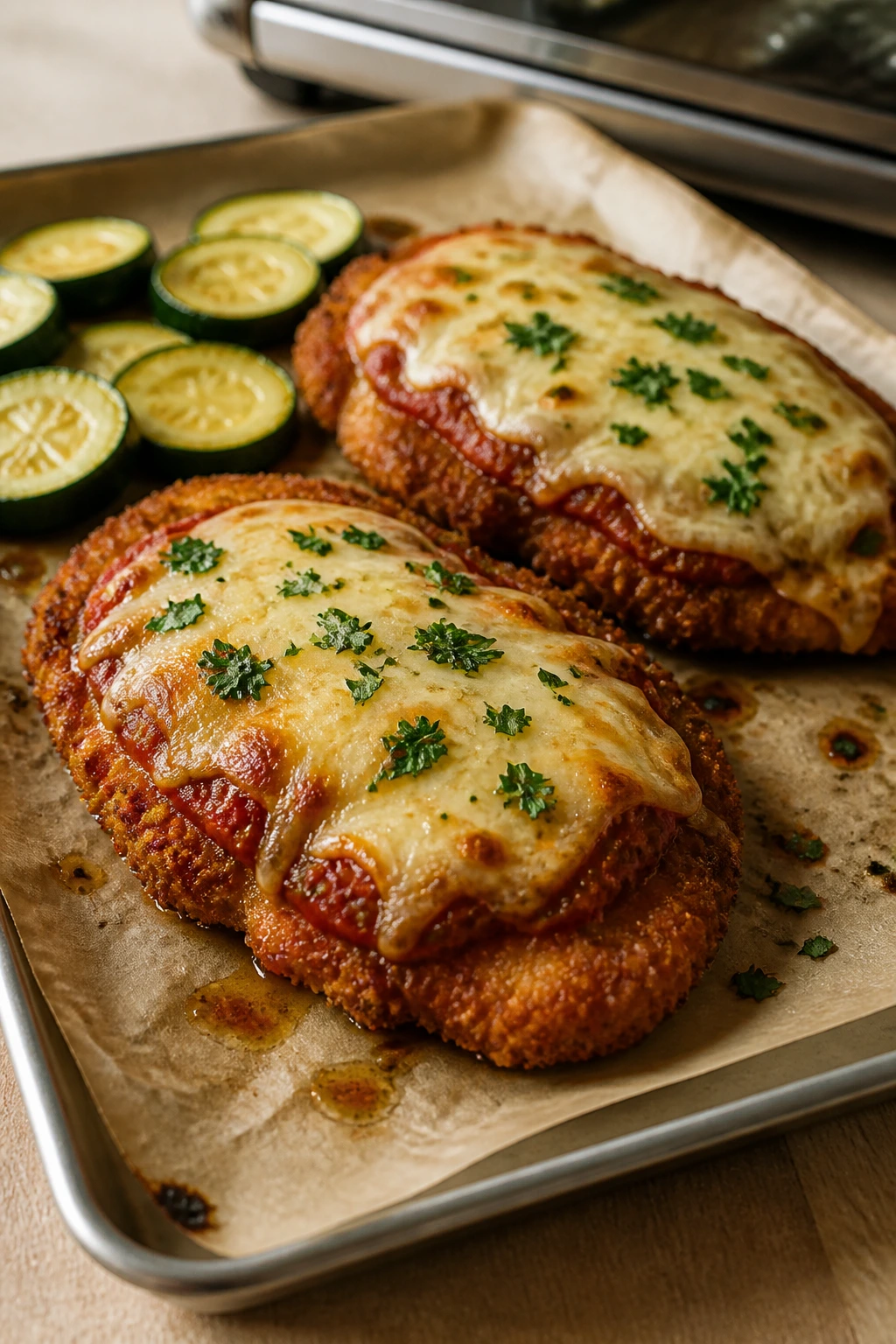 Crispy chicken parmesan with zucchini on baking sheet