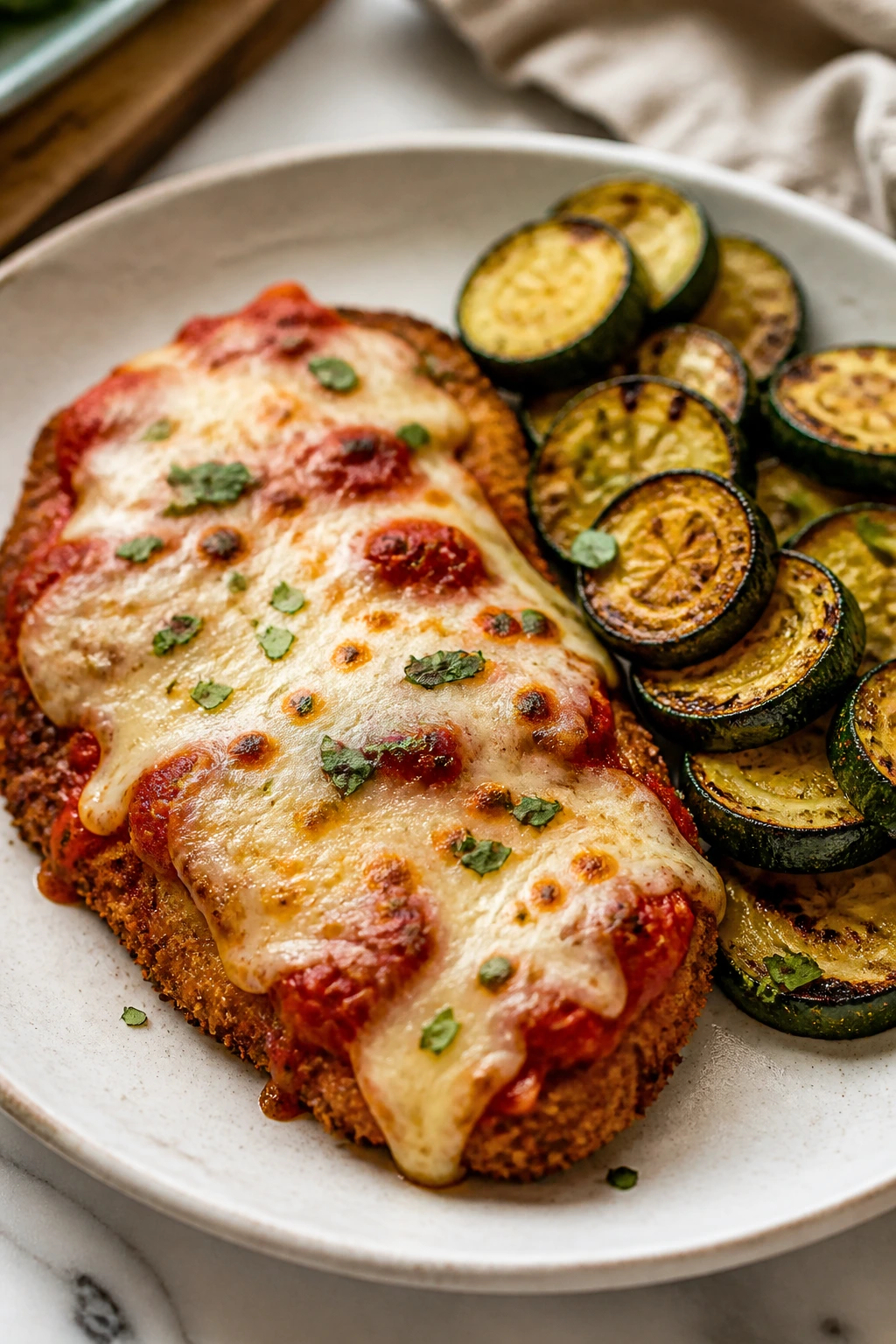 Close up of baked chicken parmesan with roasted zucchini
