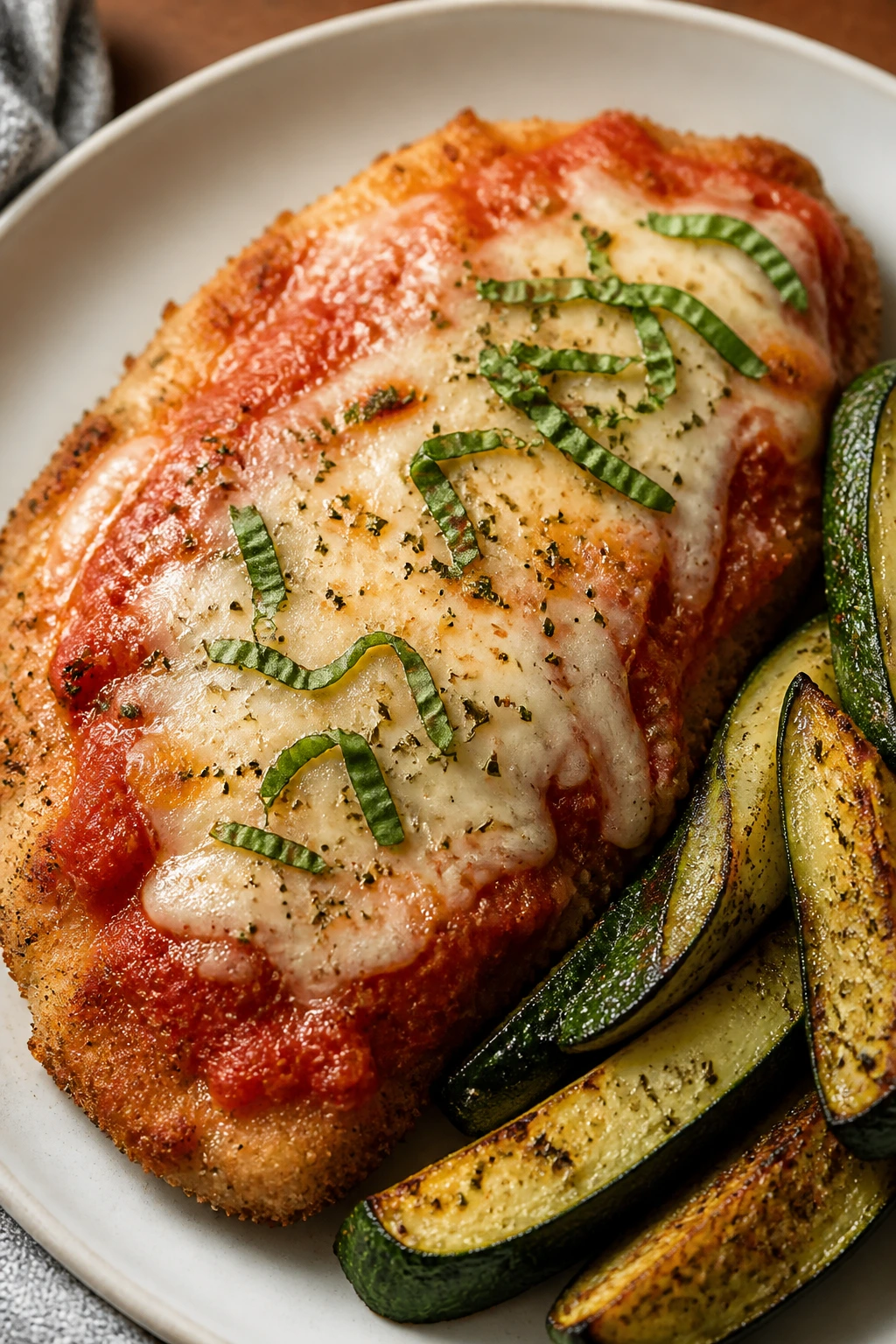 Close-up of light chicken parmesan with roasted zucchini