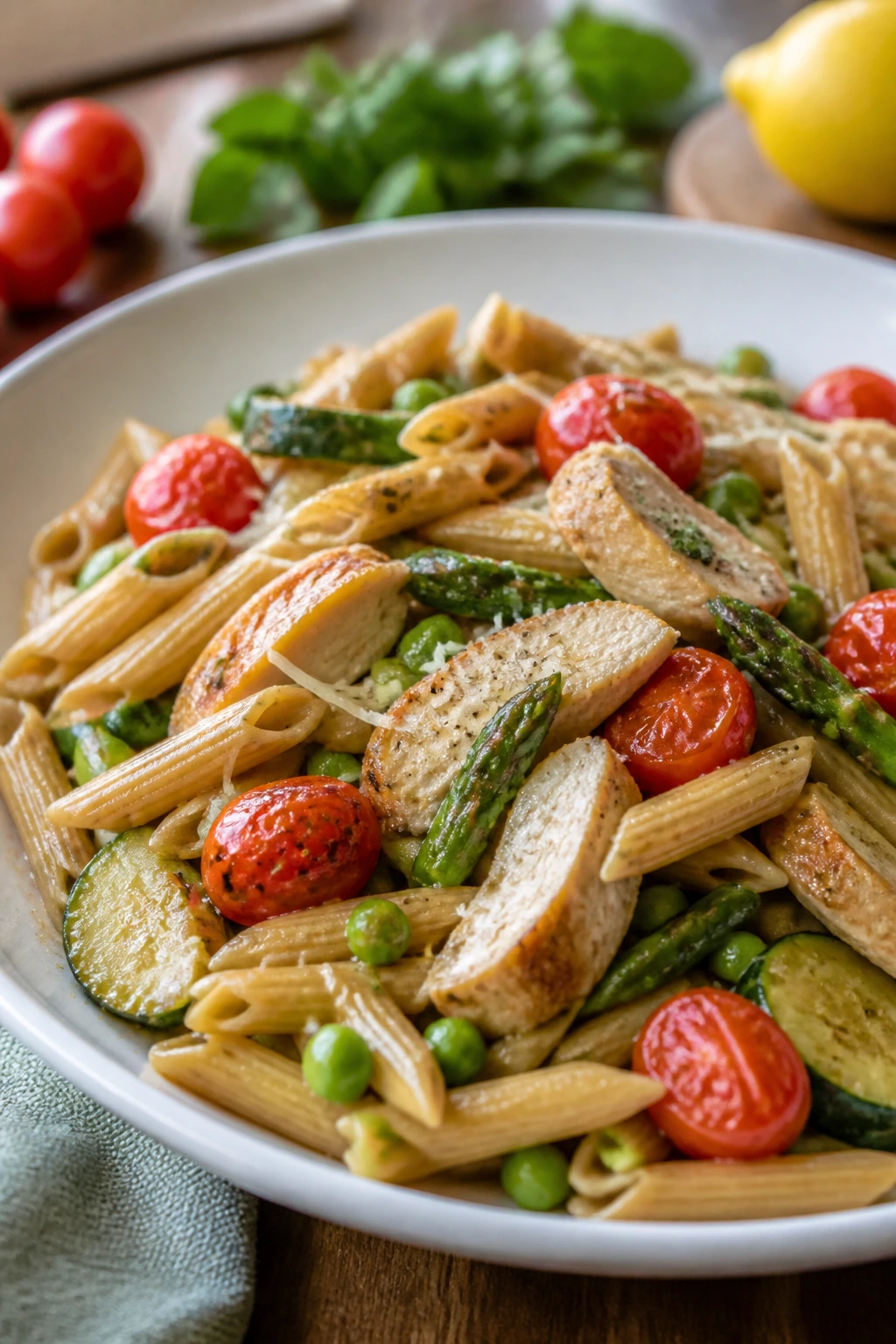 Close-up of Primavera Chicken Pasta with vegetables in lemon-Parmesan sauce on a plate