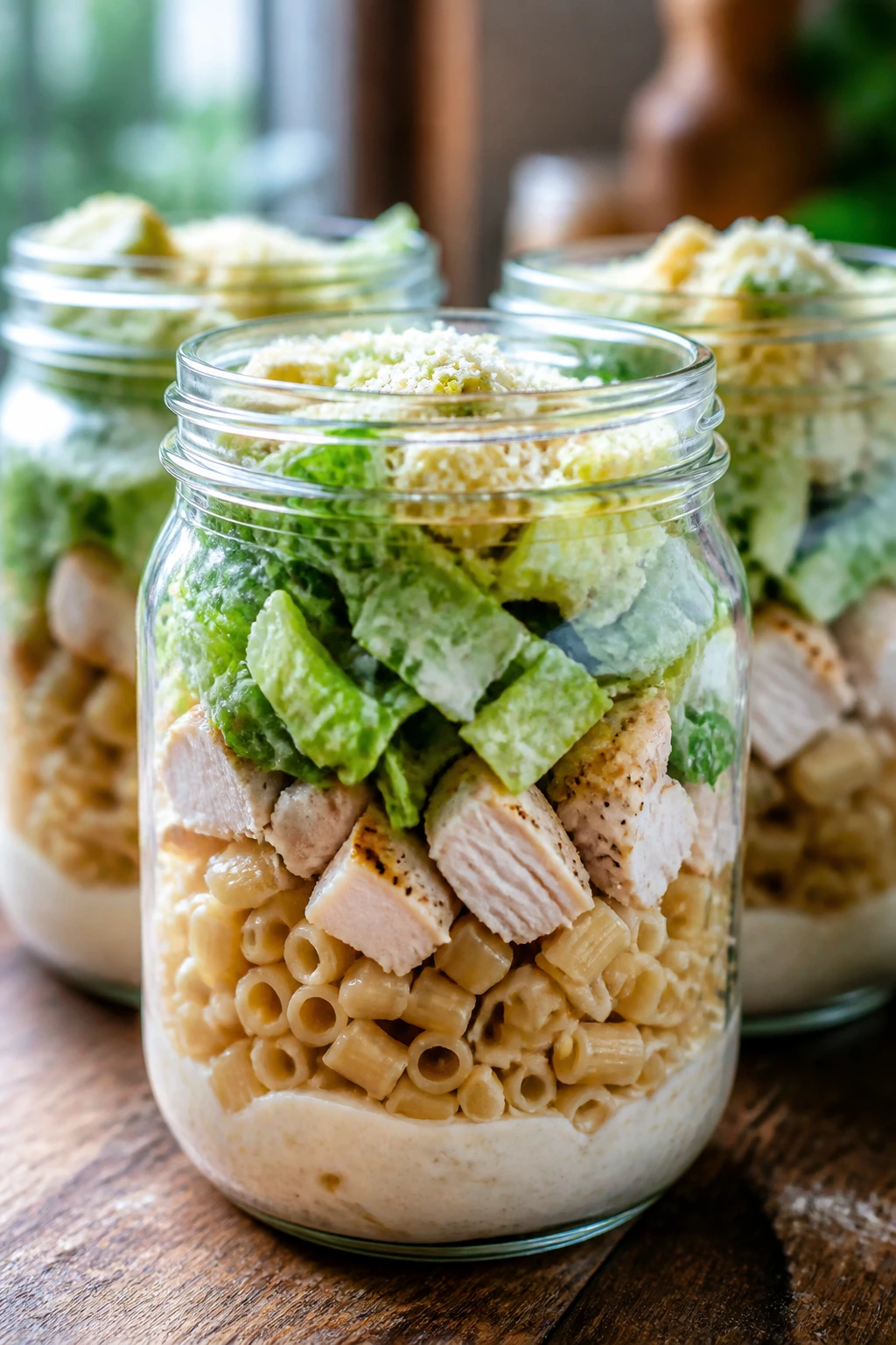 Close-up of glass jars with layered chicken Caesar pasta salad on a wooden counter
