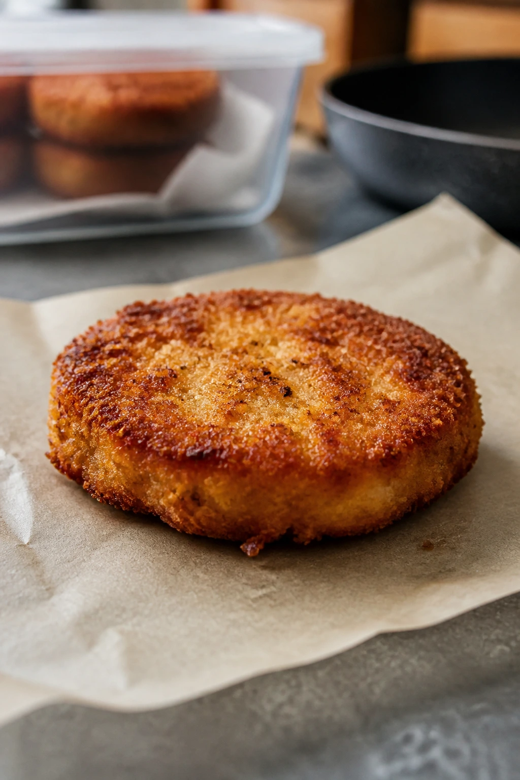Crispy chicken patty on parchment in kitchen