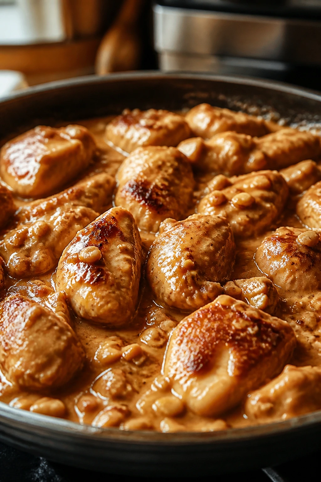 Close-up of chicken in glossy peanut sauce in a skillet on a warm kitchen counter