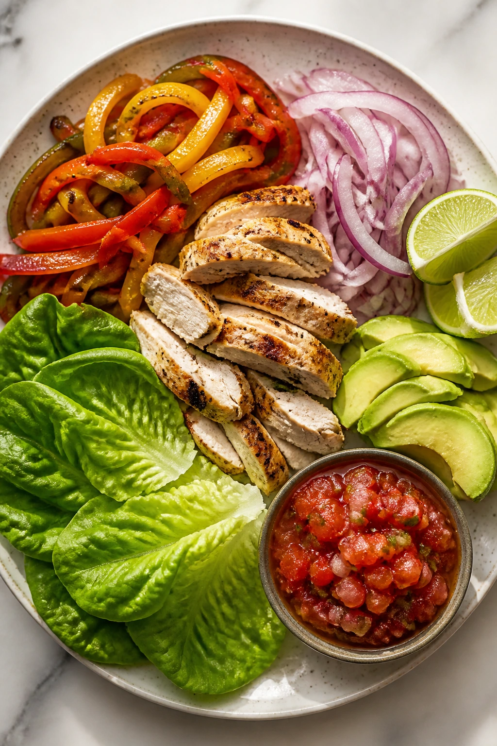 Top-down view of key ingredients for chicken fajita lettuce wraps