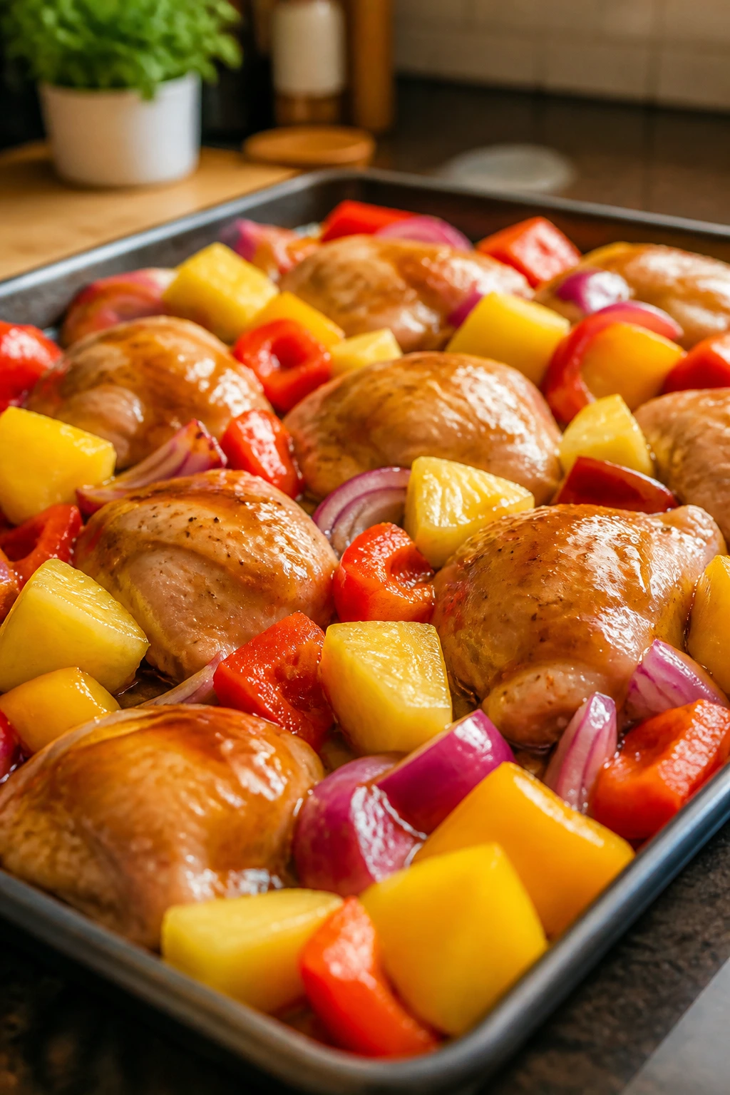 Colorful pan with chicken, peppers, onion, and pineapple ready to roast