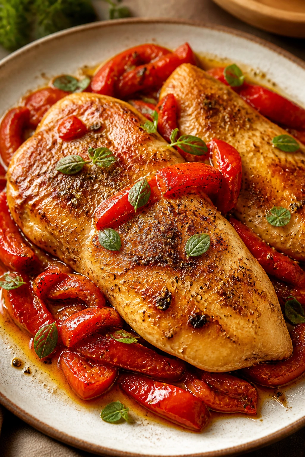 Close-up of chicken with roasted peppers and oregano on a rustic plate.