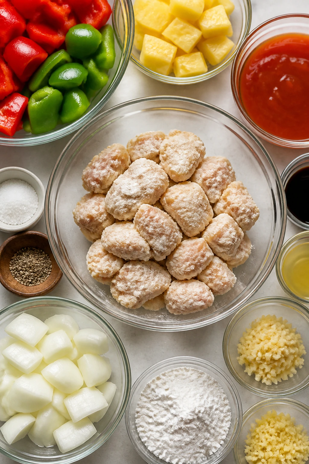 Central dish with chicken, peppers, pineapple, and sauce ready for cooking