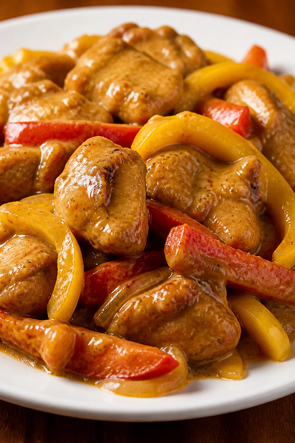 Close-up of Satay Chicken with Peppers in peanut sauce