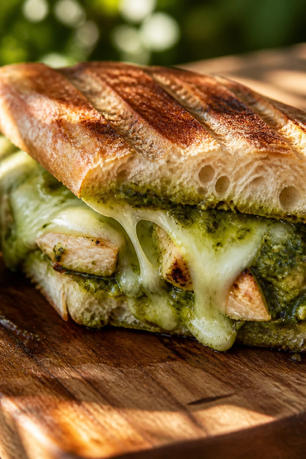Grilled ciabatta sandwich with pesto, mozzarella, and chicken outdoors