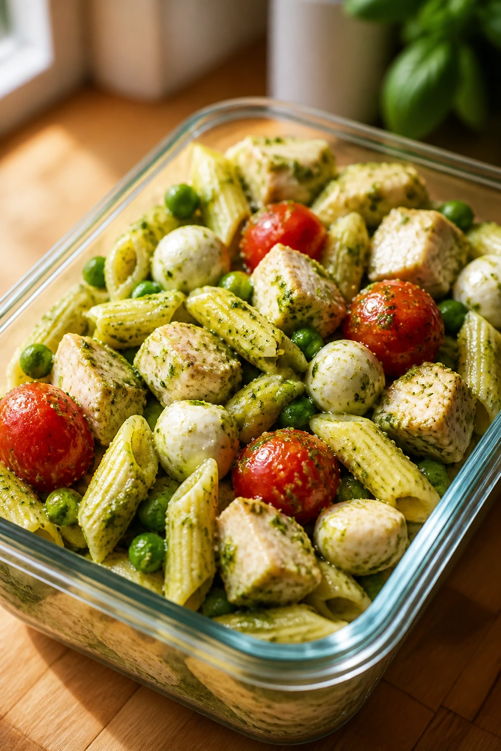 Close-up of chicken pesto pasta salad with peas, tomatoes and mozzarella pearls in a lunch container