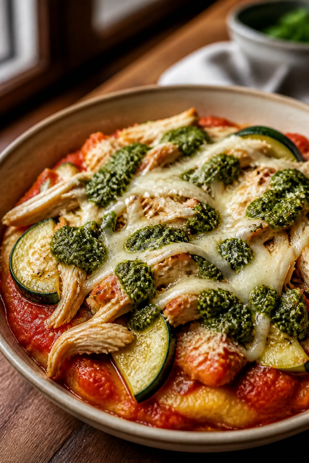 Close-up of Chicken Pesto Pizza Bowl with chicken, pesto and mozzarella