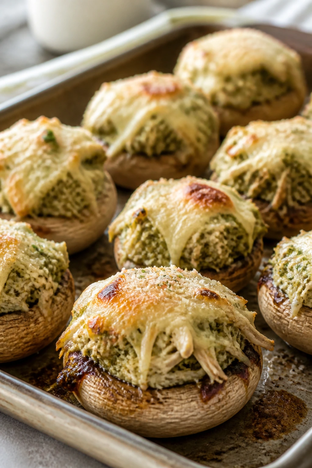 Stuffed mushroom caps with chicken pesto filling and melted cheese