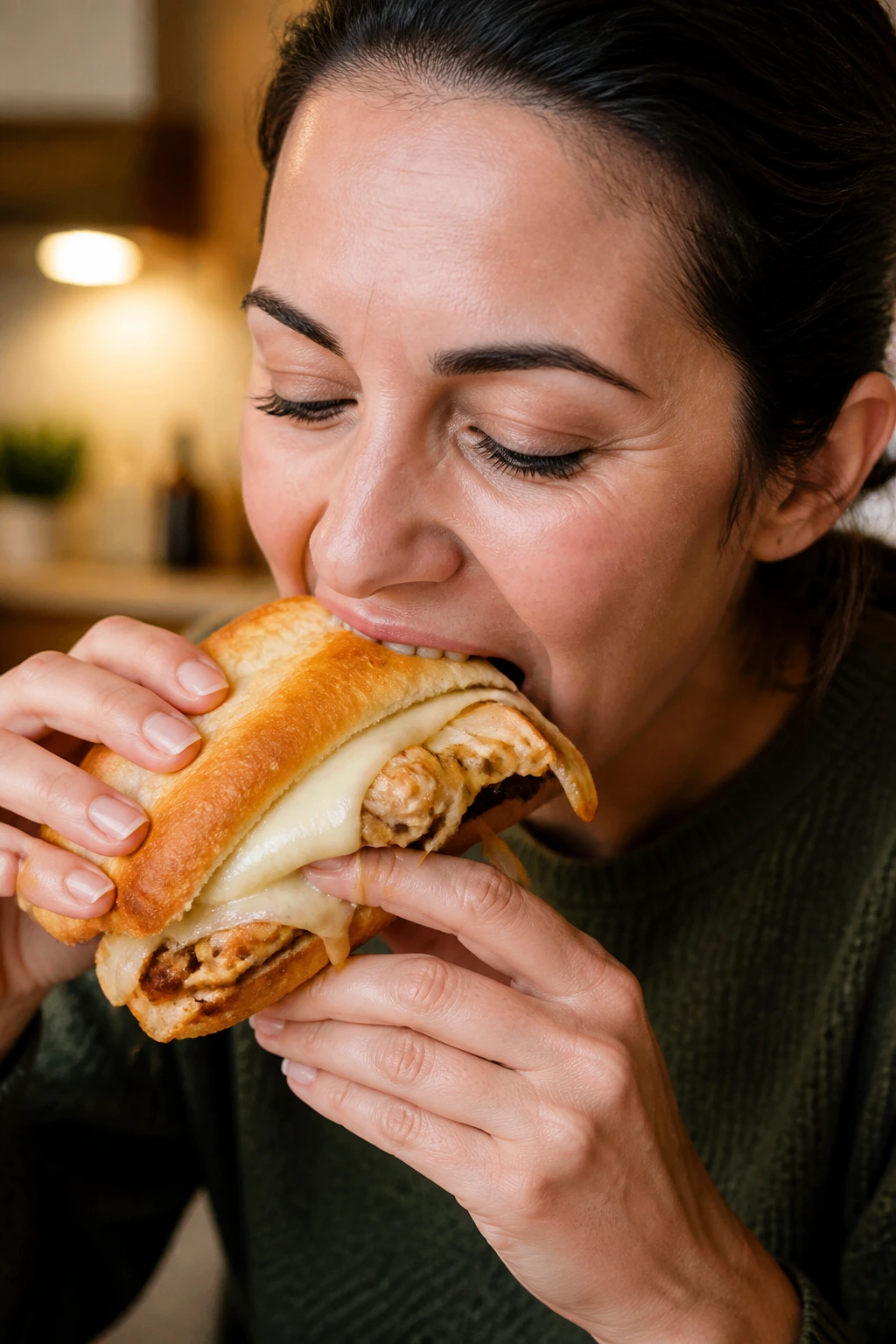 Close-up of a real person taking a bite of a chicken Philly sandwich.