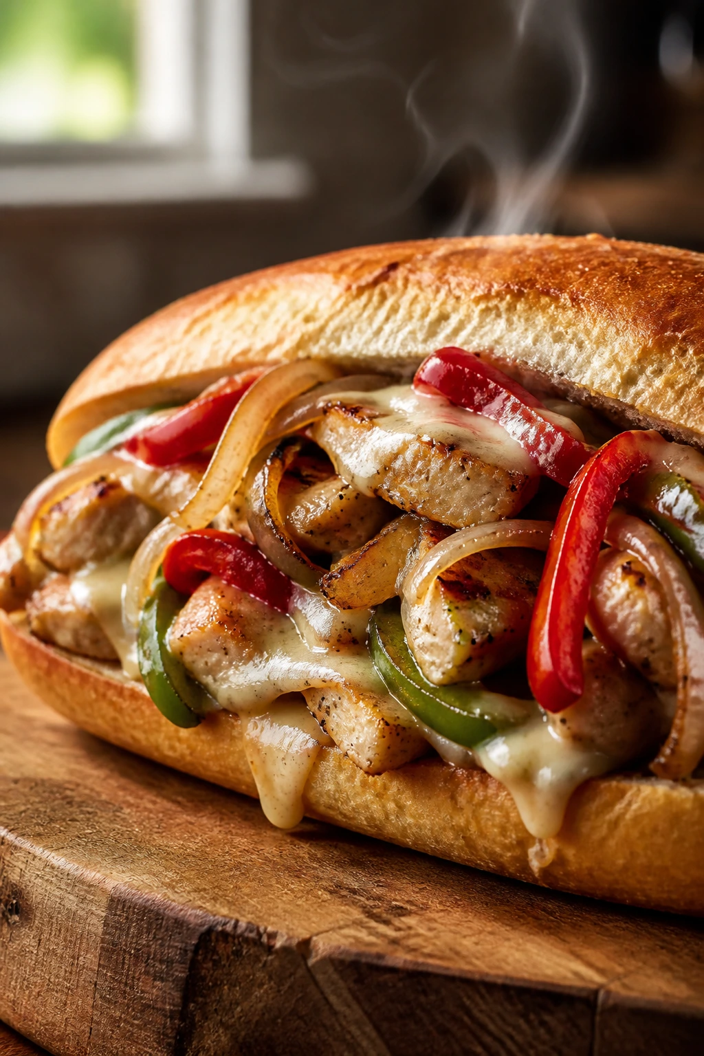 Close-up of a tender chicken Philly sandwich with peppers, onions, and melted provolone on a toasted hoagie