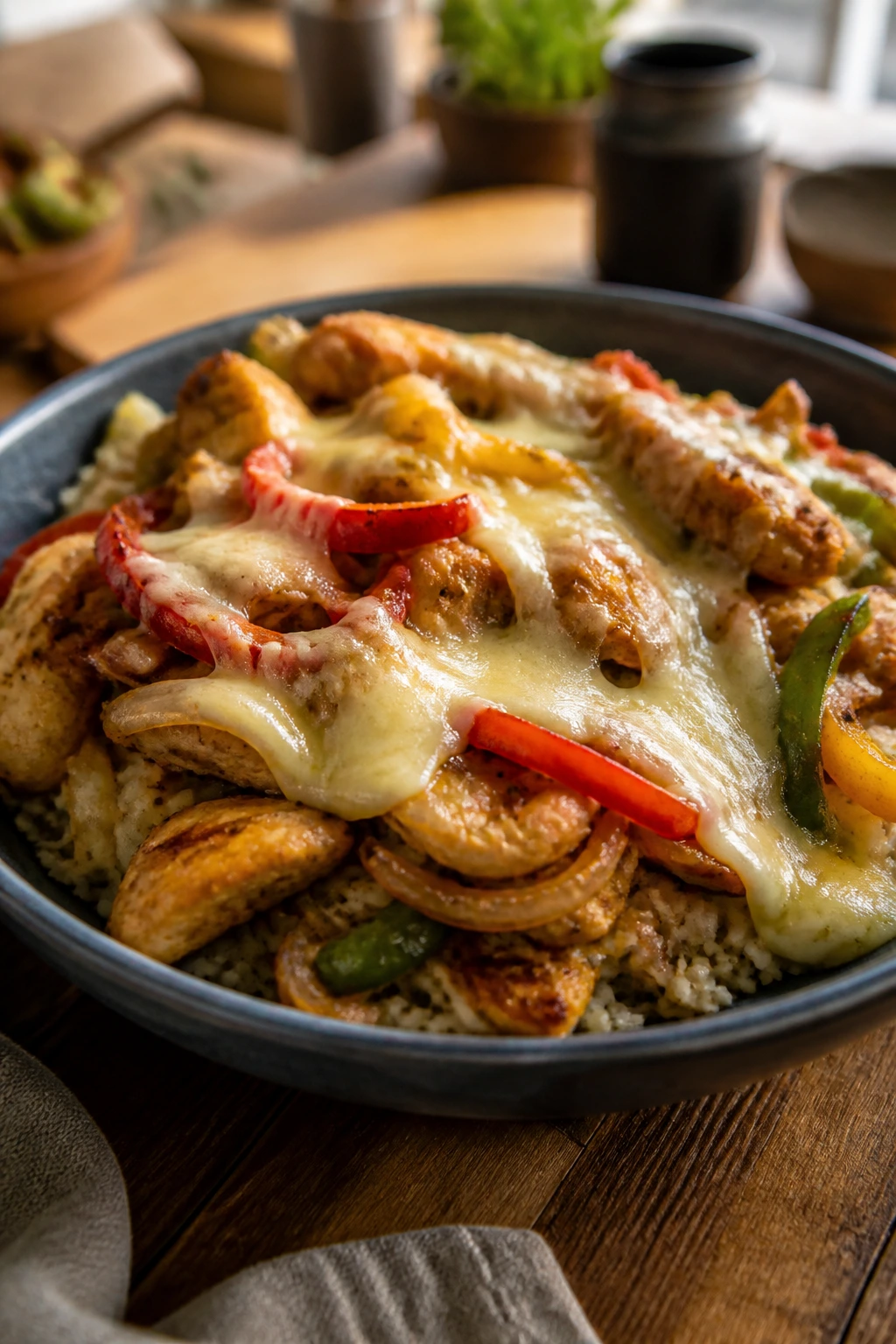Close-up of a chicken Philly bowl with peppers, onions, and melted cheese.