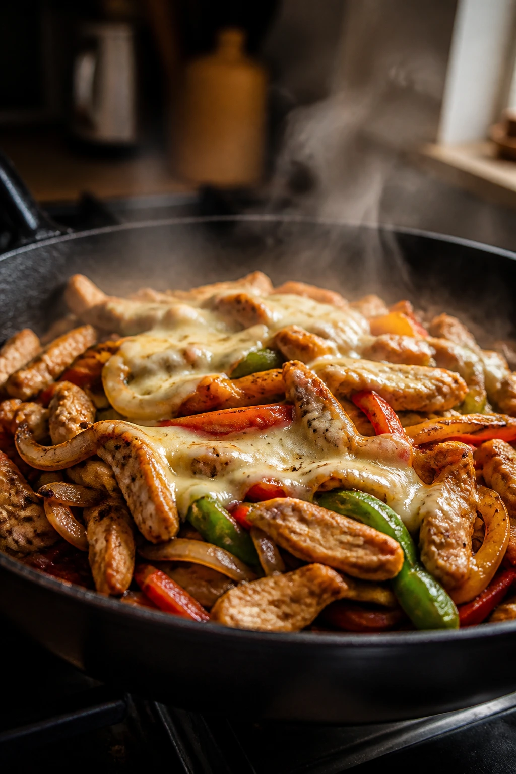 Medium-close view of sizzling chicken Philly filling with onions, peppers and melted provolone in a hot skillet