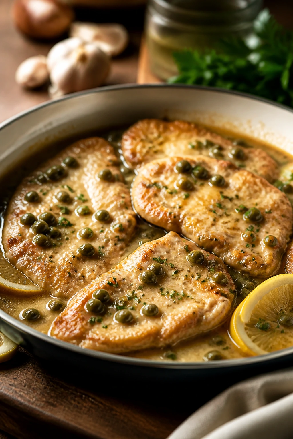 Close-up of chicken piccata with capers and white wine sauce