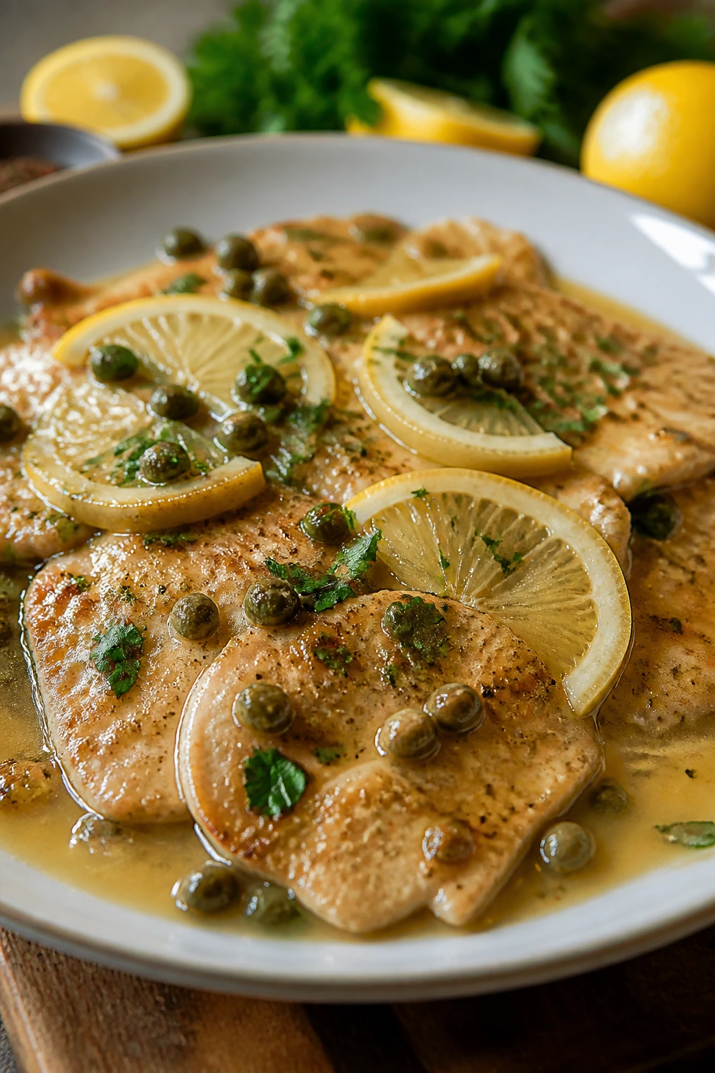 Medium-close-up of chicken piccata with capers and parsley