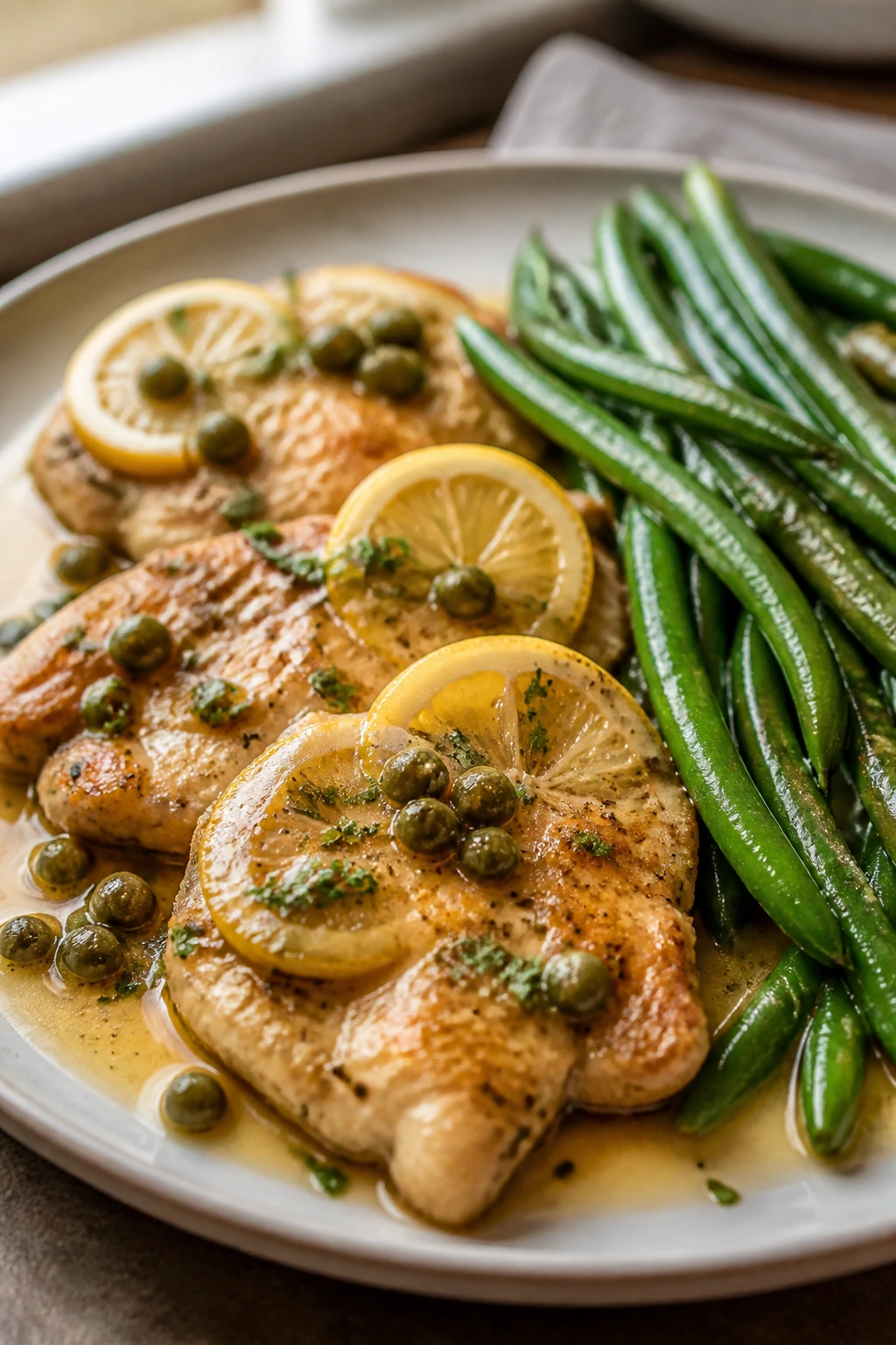 Chicken piccata with green beans on plate