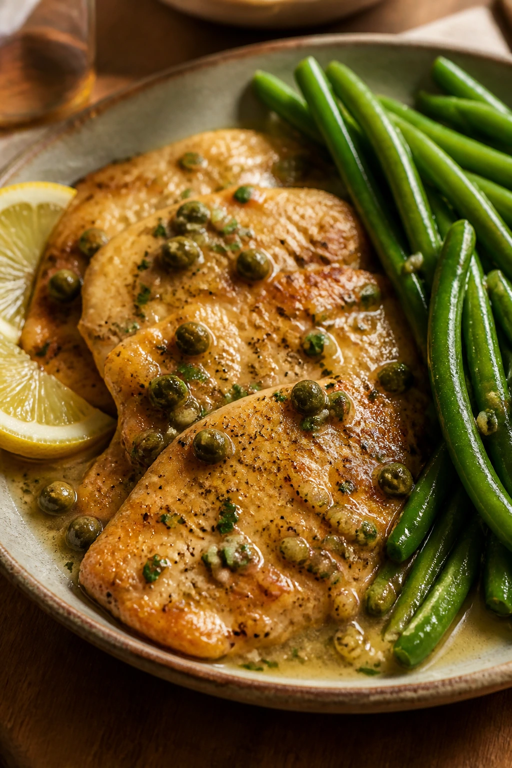 Close-up of chicken piccata with green beans in lemon-butter caper sauce