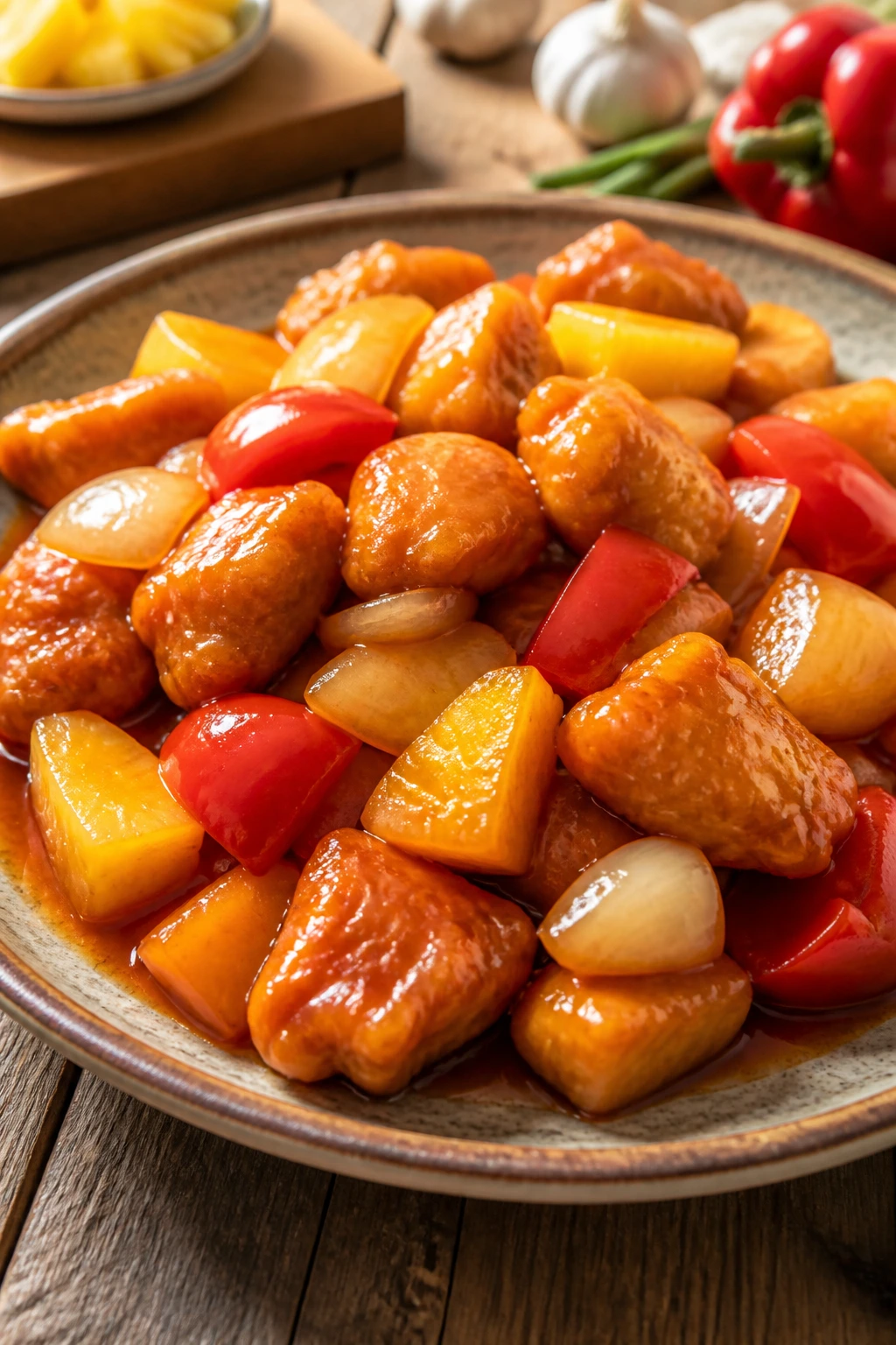 Close-up of sweet and sour chicken stir-fry with pineapple and peppers