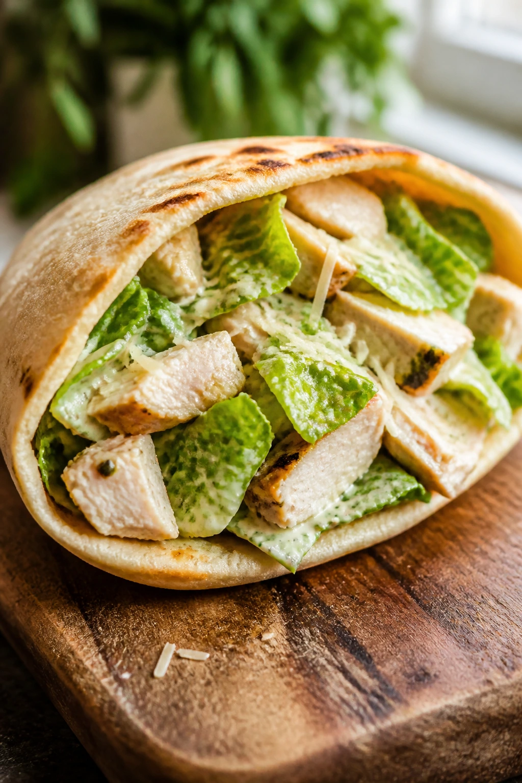 Close-up of a pita pocket filled with chicken Caesar ingredients on a rustic board
