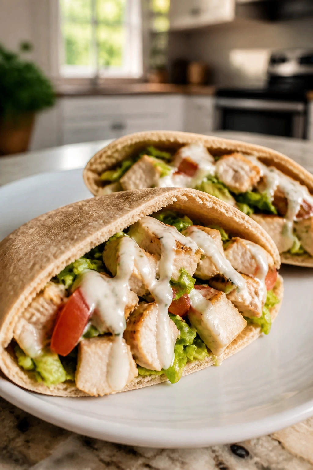 Halved chicken pita pocket with ranch filling on a plate