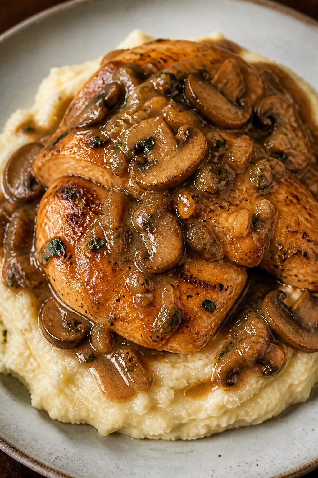 Plated chicken with mushroom sauce over mashed potatoes
