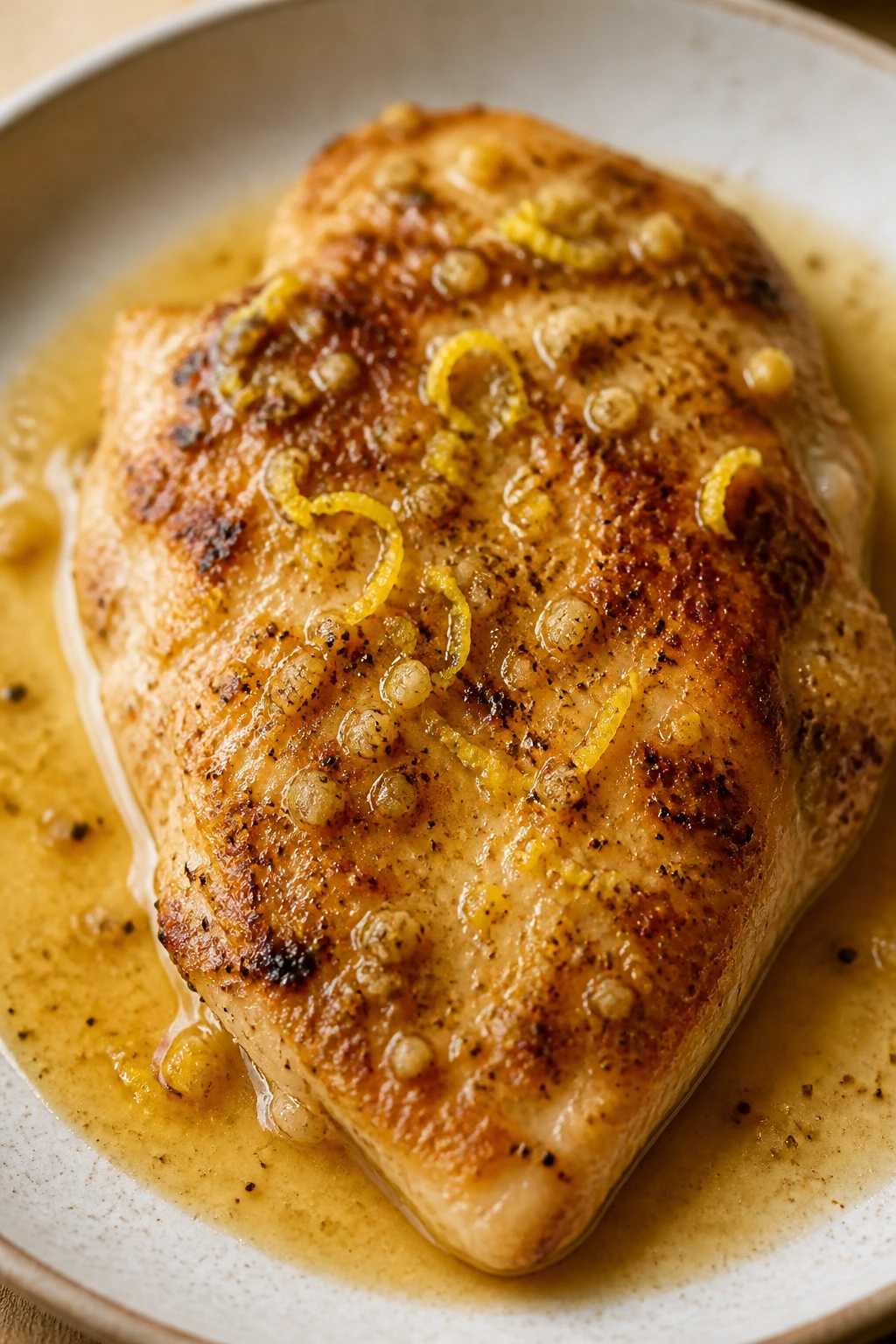 Single plated chicken cutlet with pan sauce and lemon zest on a clean plate.