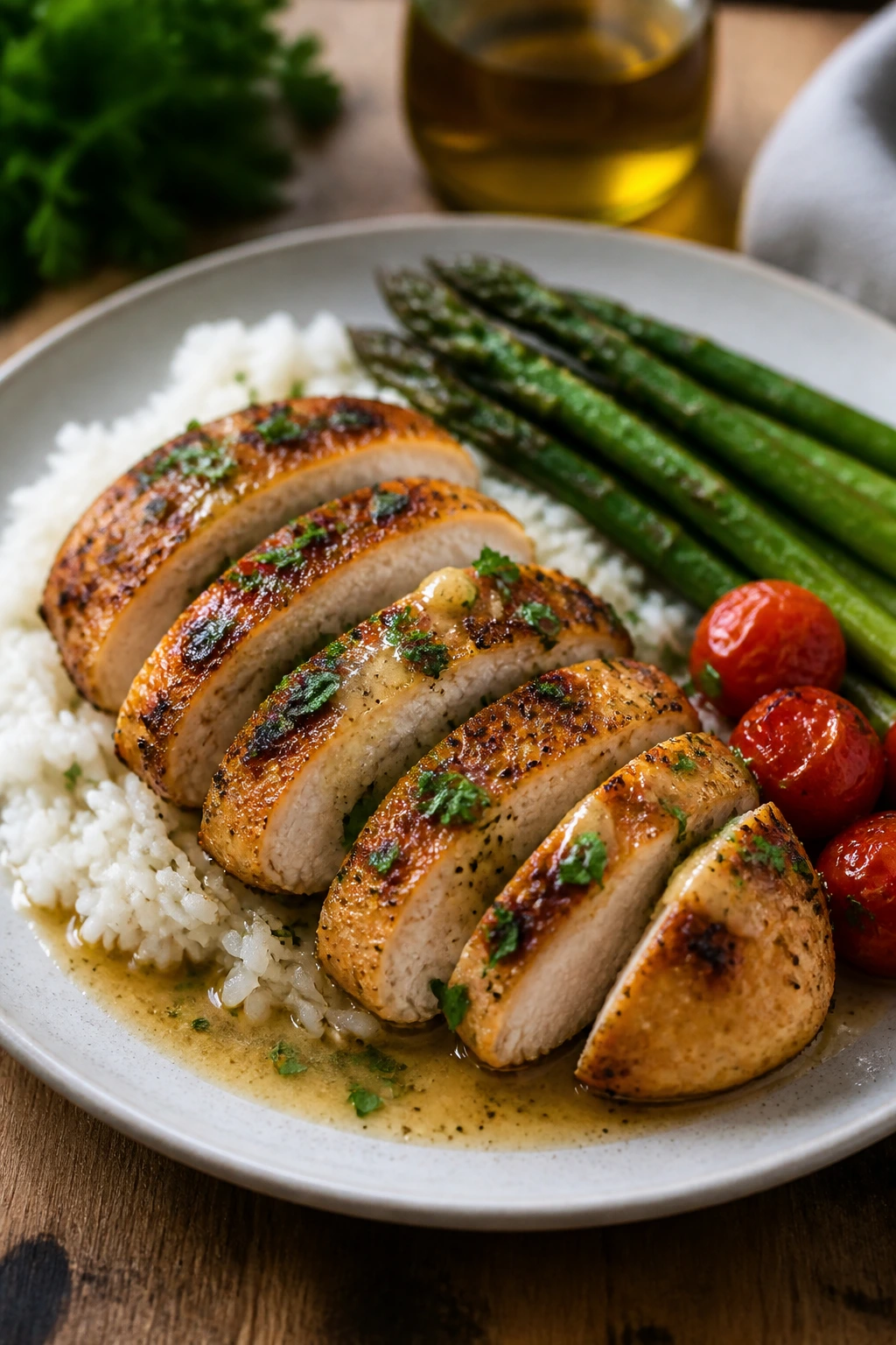 Plated chicken with rice and sauce arranged on a warm dinner plate