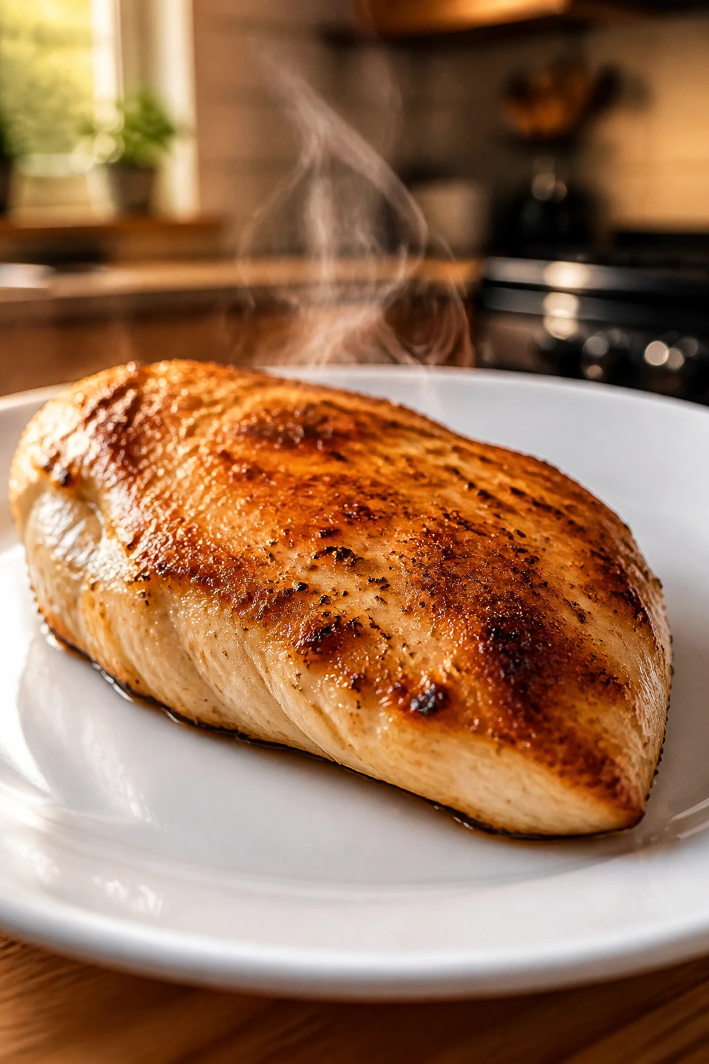 Juicy chicken breast on plate with warm kitchen background