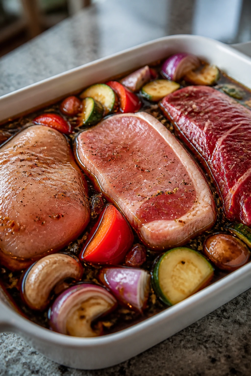 Close-up of a dish with chicken, pork, beef, and vegetables marinating