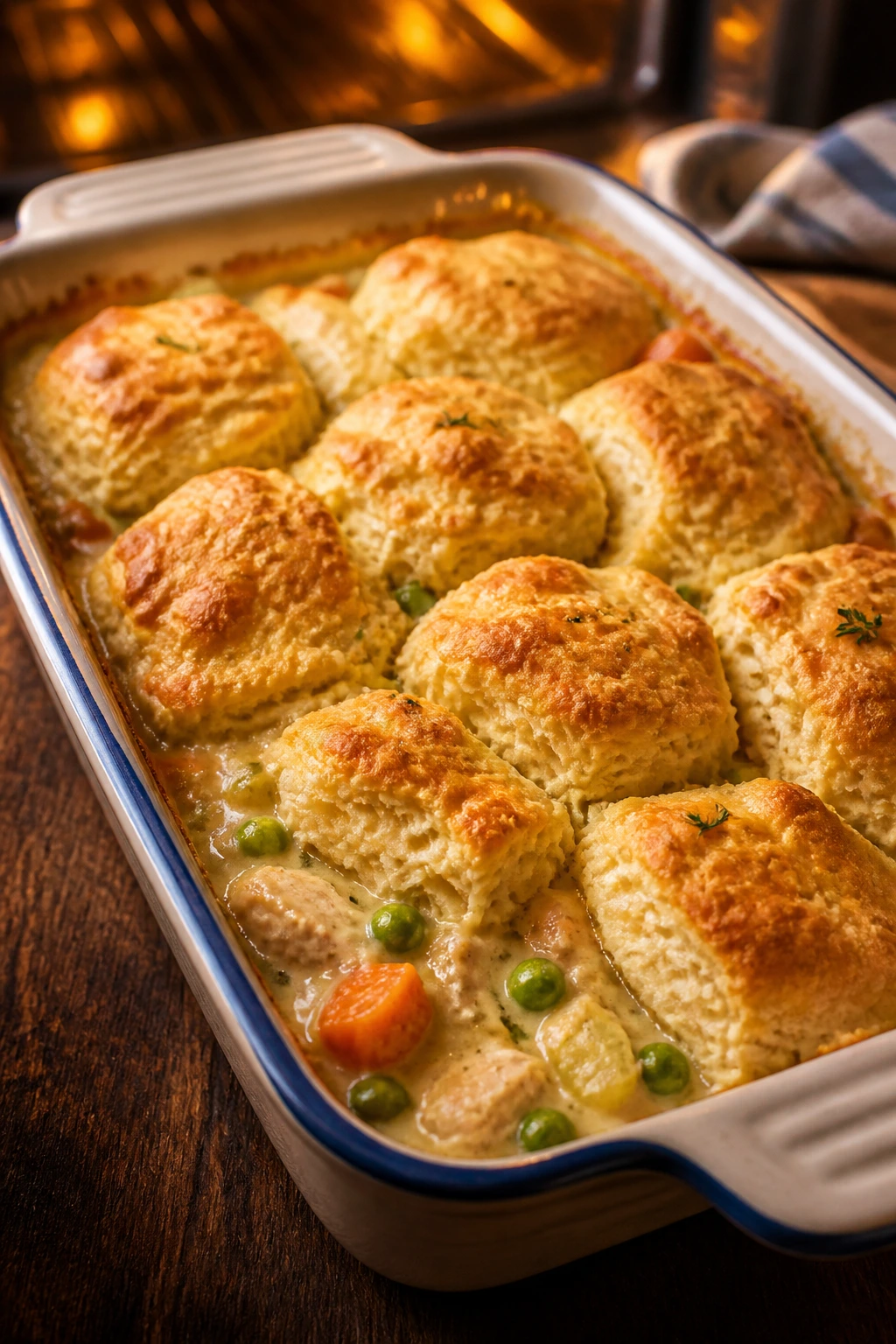 Creamy chicken pot pie biscuit bake in a baking dish