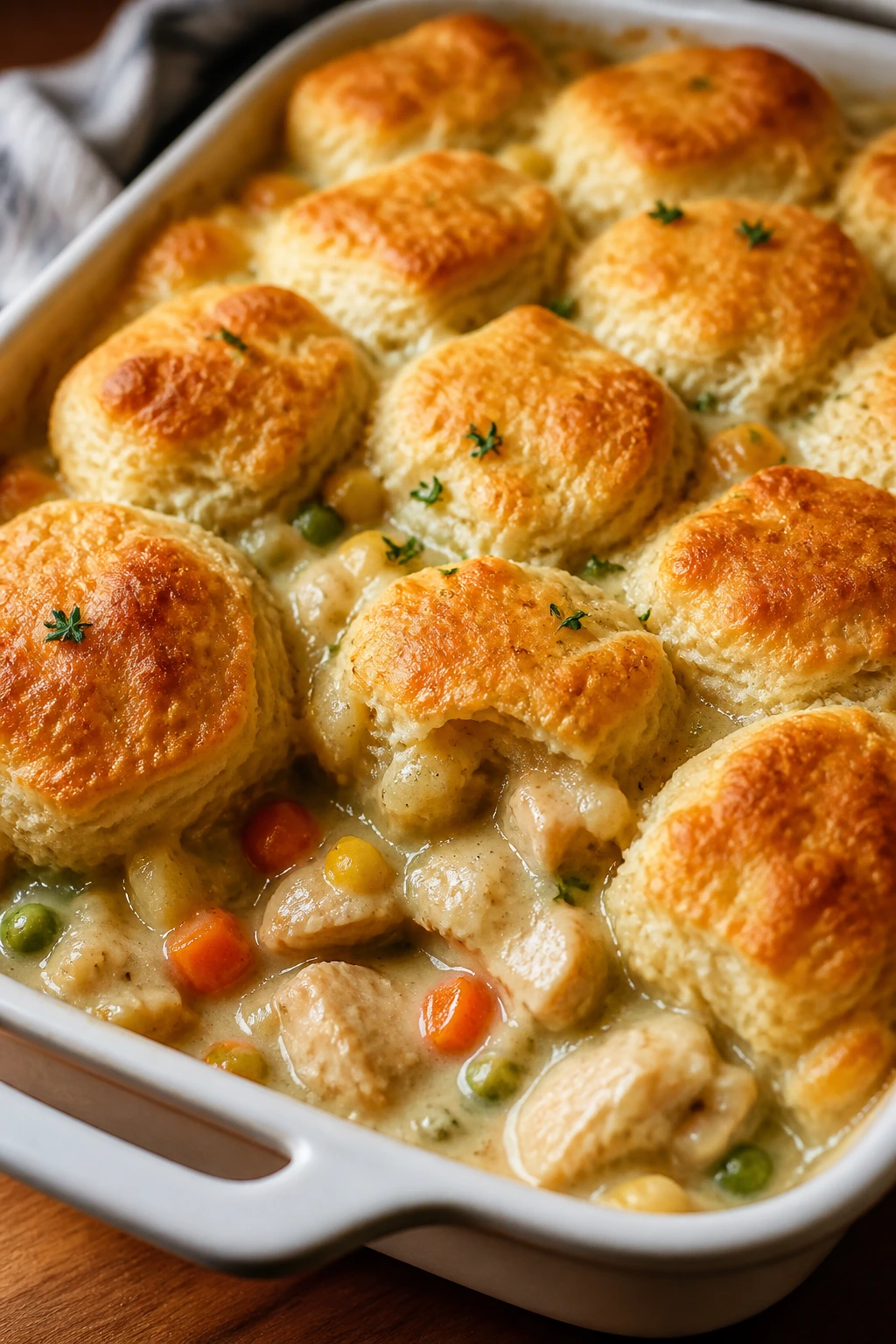 Close-up of bubbling chicken pot pie biscuit bake with golden topping
