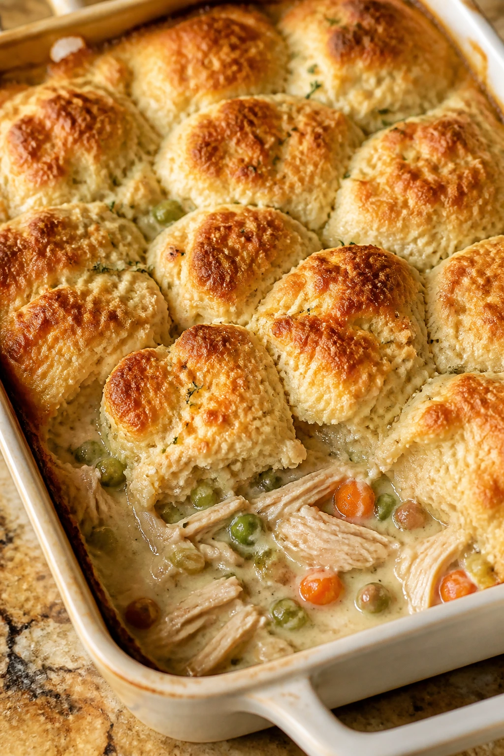 Close-up of creamy chicken pot pie filling with a biscuit crust topping in a baking dish.