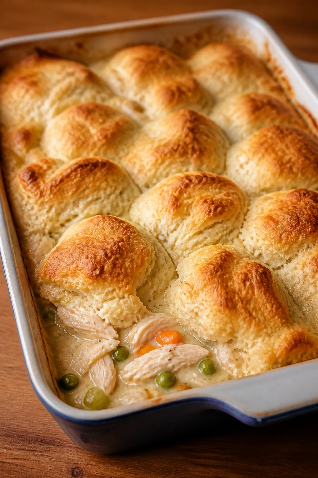 Close-up of chicken pot pie biscuit bake with golden biscuits on top
