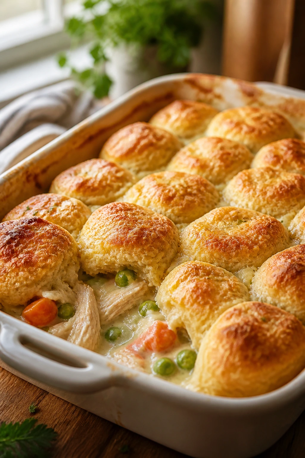 Close-up of golden biscuit-topped chicken pot pie bake in a baking dish