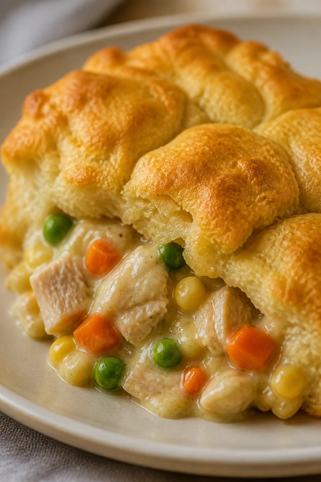Slice of chicken pot pie biscuit bake with creamy filling and golden biscuit top