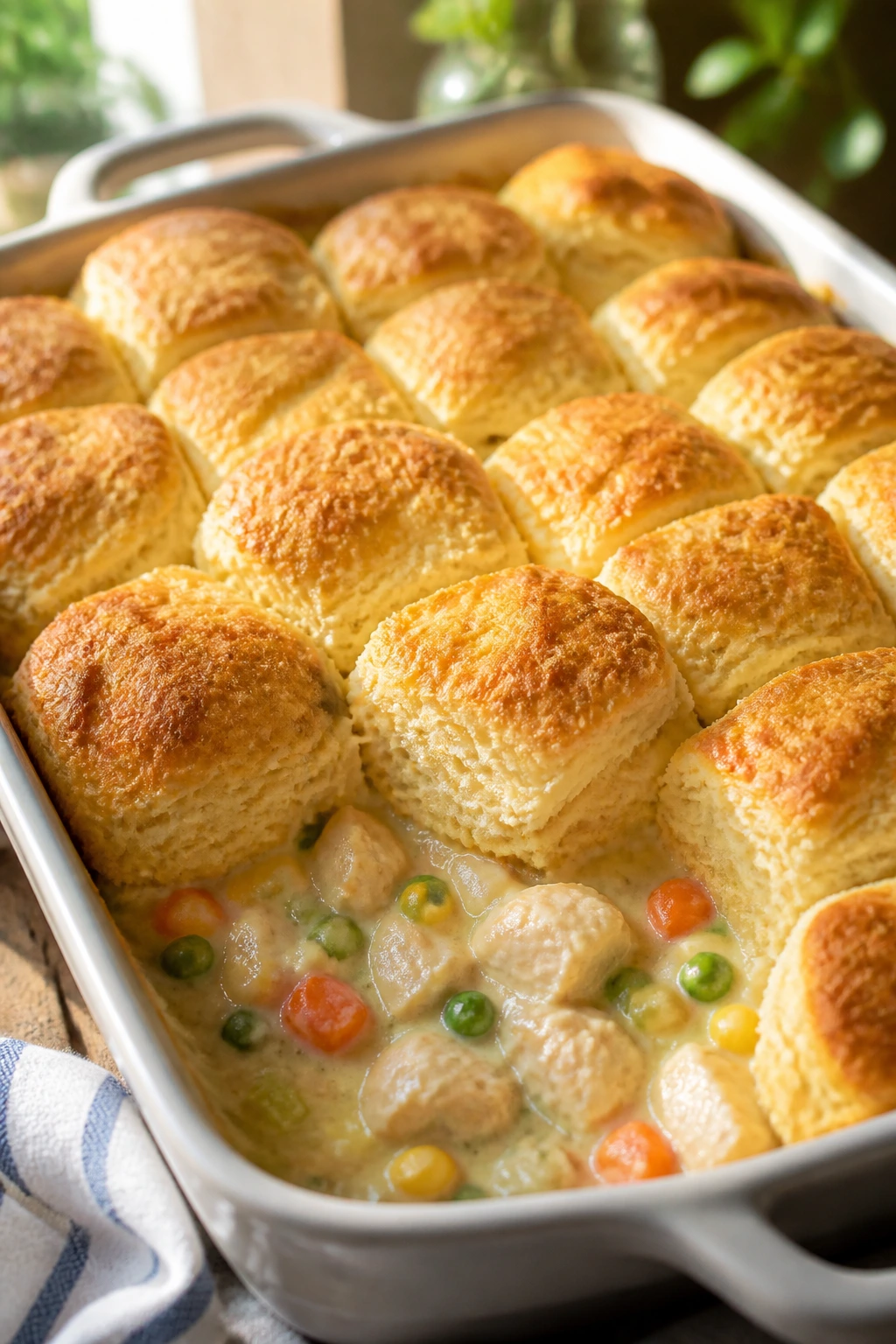 Creamy chicken pot pie filling under a golden biscuit topping in a baking dish