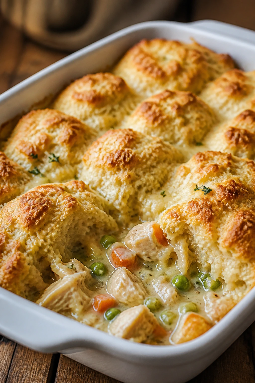 Creamy chicken pot pie biscuit bake in a baking dish on a warm kitchen counter